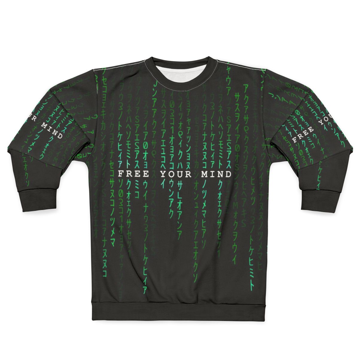 "Free Your Mind" sci-fi sweatshirt with digital rain design