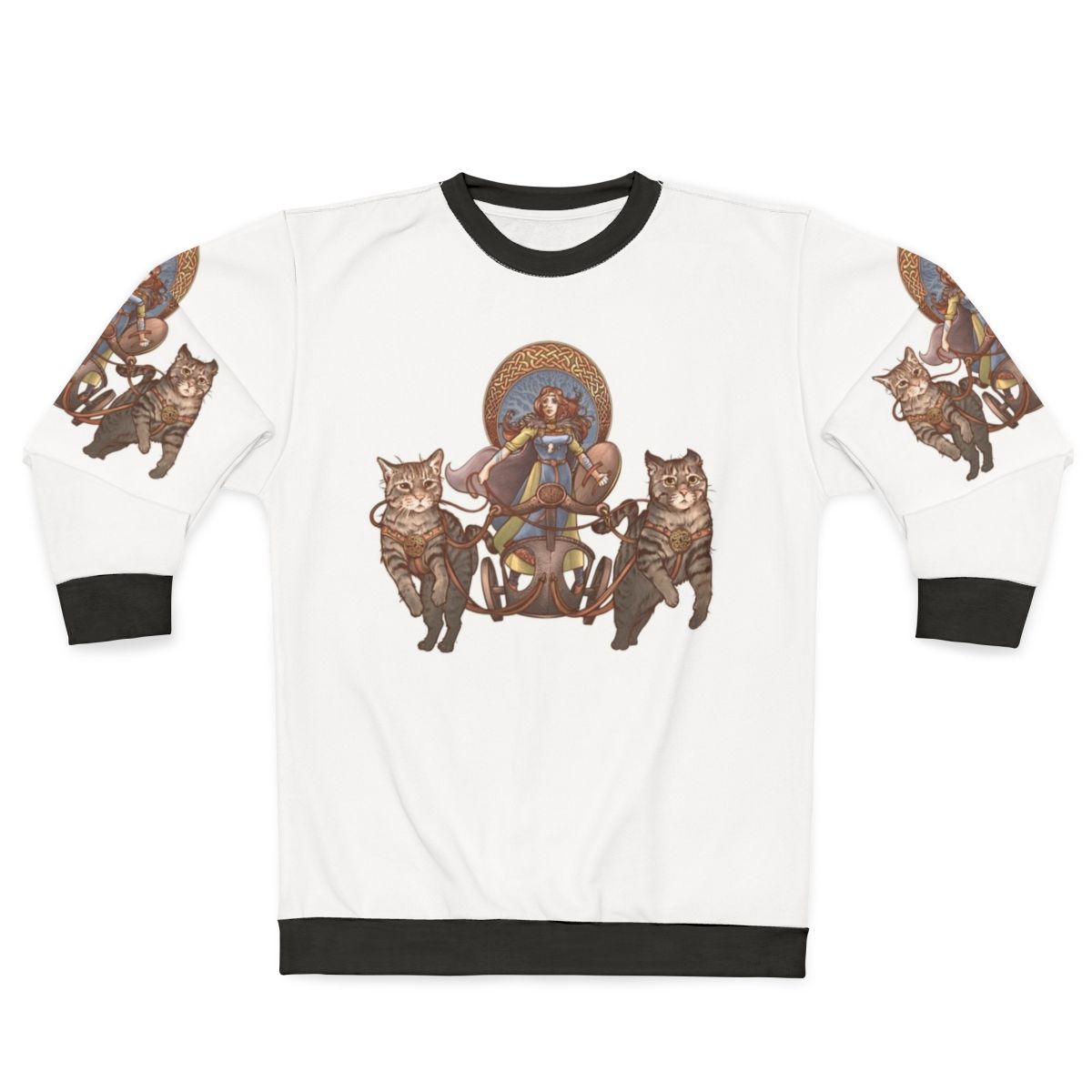 Freya, the Norse goddess, riding a chariot pulled by cats in a design with Celtic knotwork
