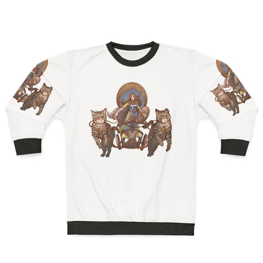 Freya, the Norse goddess, riding a chariot pulled by cats in a design with Celtic knotwork