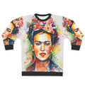 Frida Kahlo portrait sweatshirt featuring abstract, colorful design