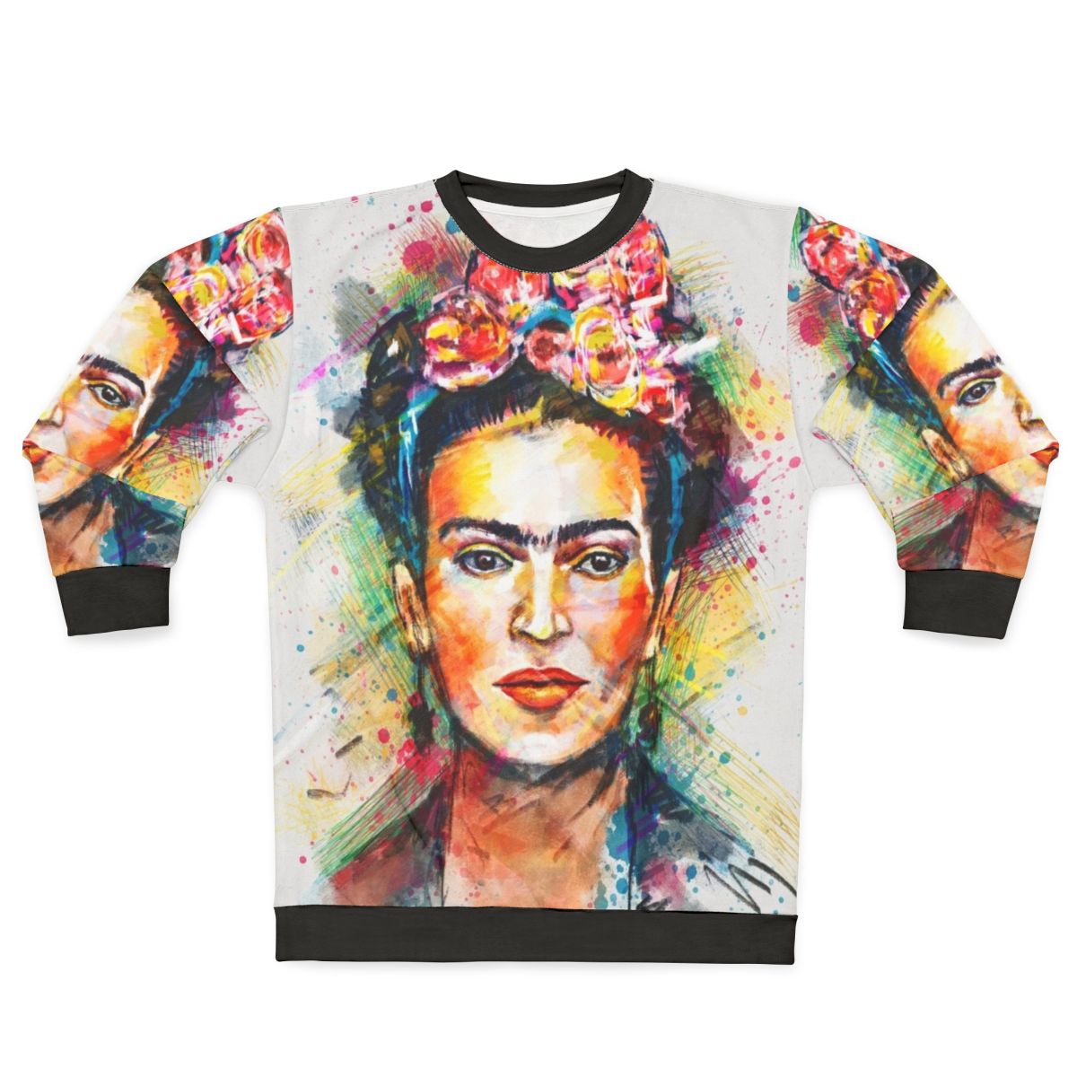 Frida Kahlo portrait sweatshirt featuring abstract, colorful design