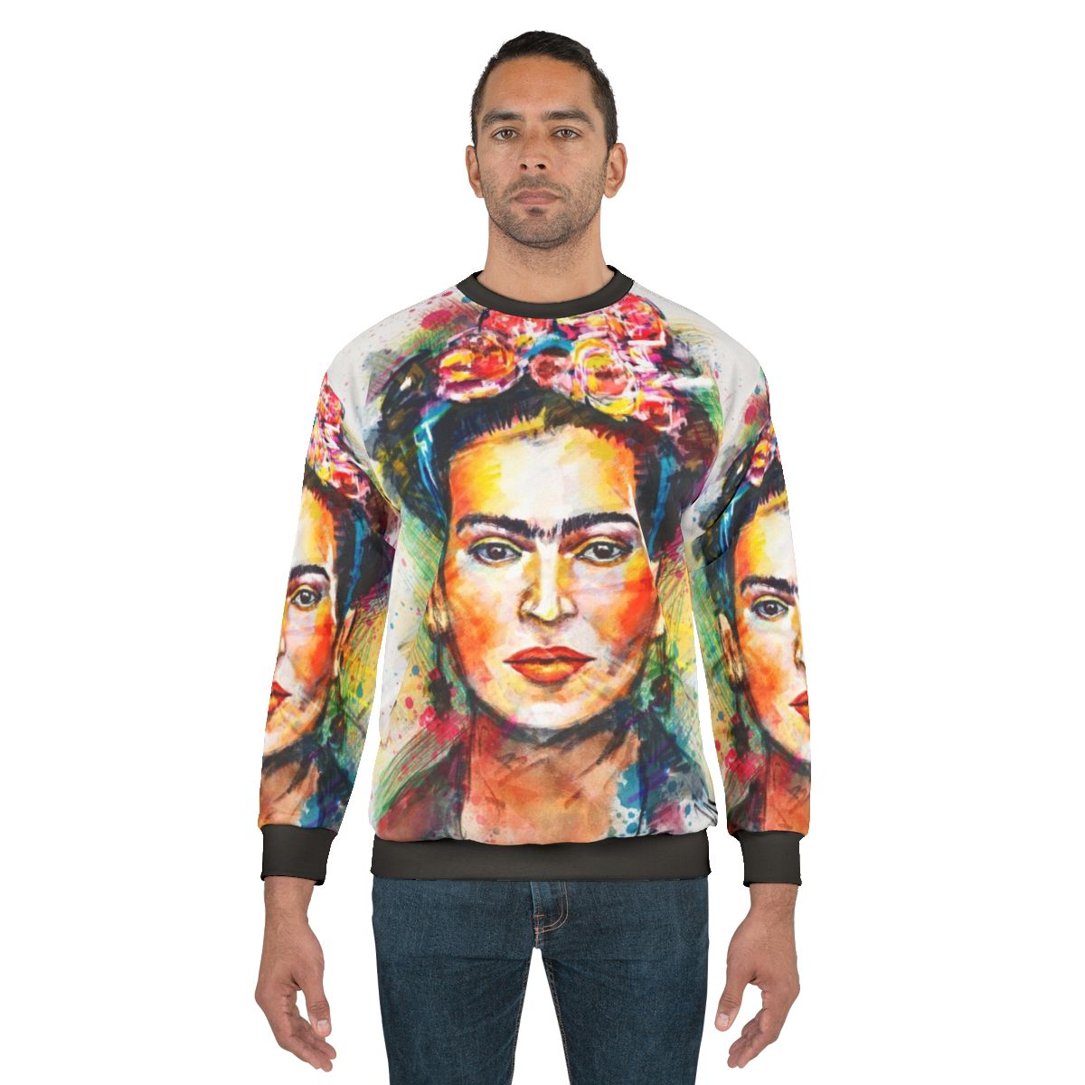 Frida Kahlo portrait sweatshirt featuring abstract, colorful design