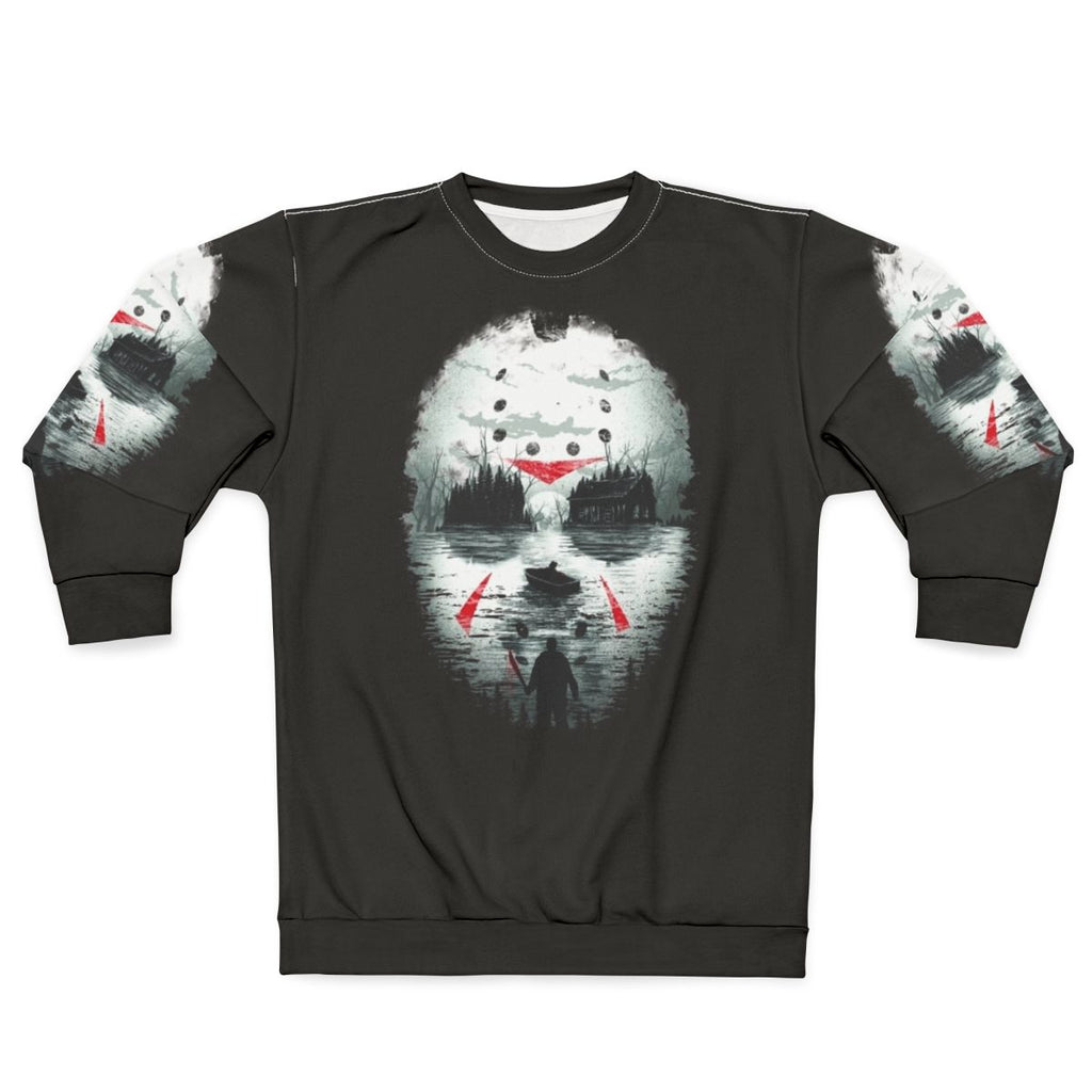 Friday the 13th inspired horror movie sweatshirt with Jason Voorhees illustration