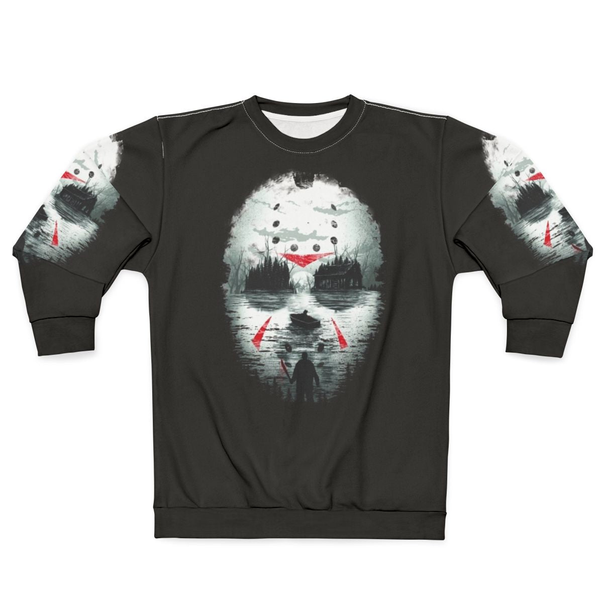 Friday the 13th inspired horror movie sweatshirt with Jason Voorhees illustration