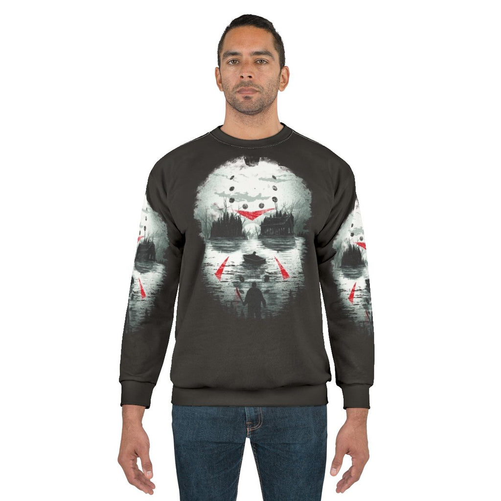 Friday the 13th inspired horror movie sweatshirt with Jason Voorhees illustration