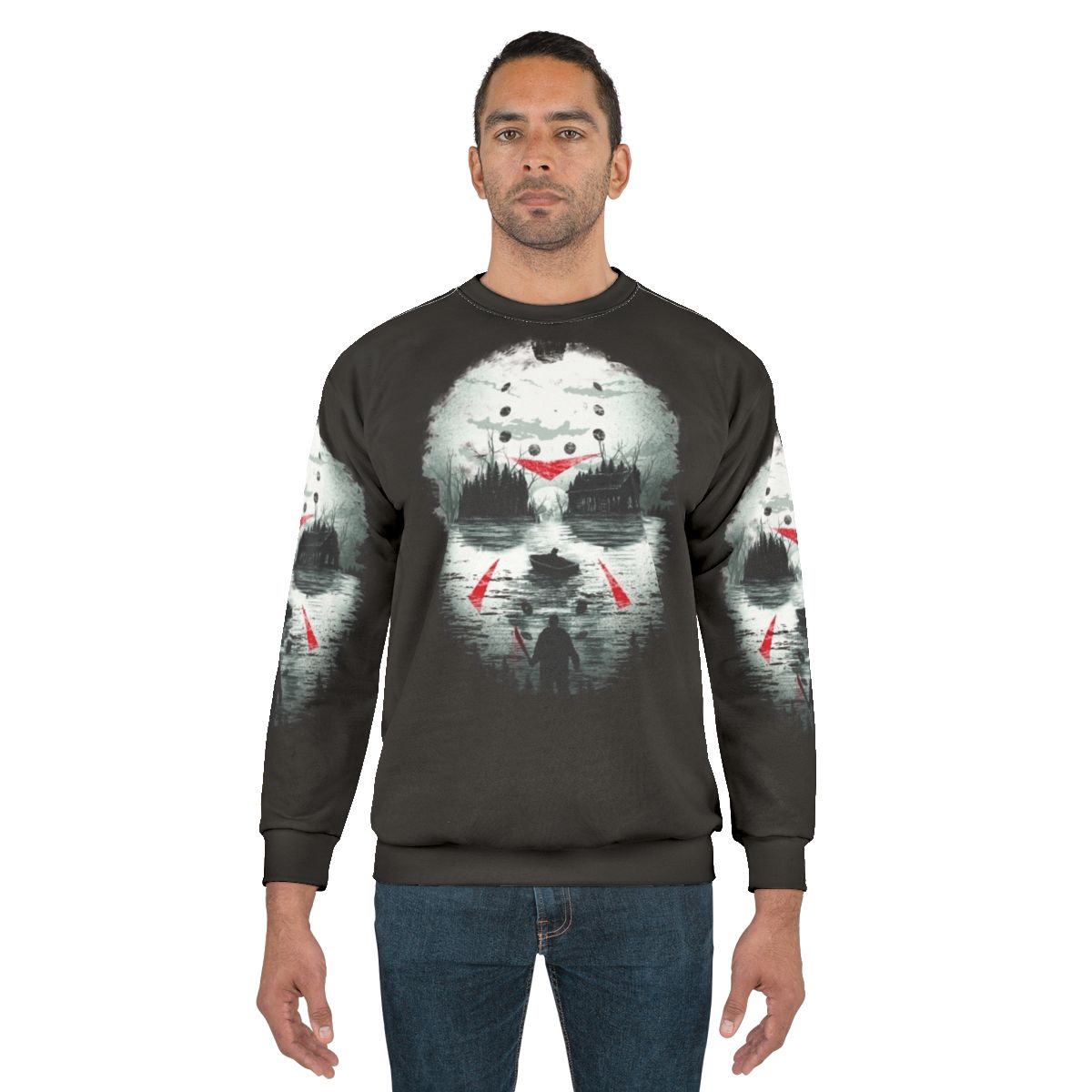 Friday the 13th inspired horror movie sweatshirt with Jason Voorhees illustration
