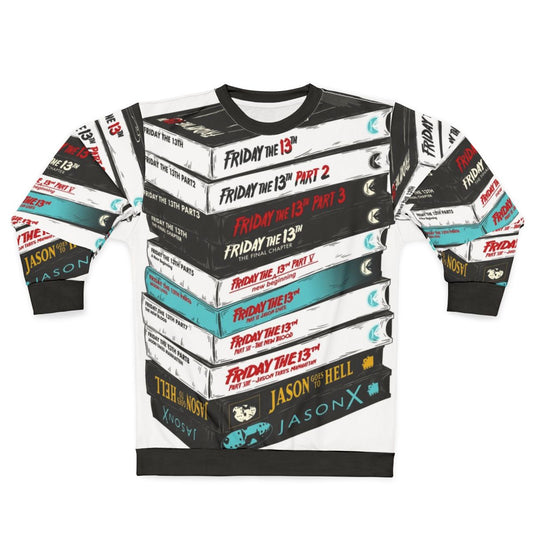 Vintage Friday the 13th horror sweatshirt with Jason Voorhees and VHS stack design