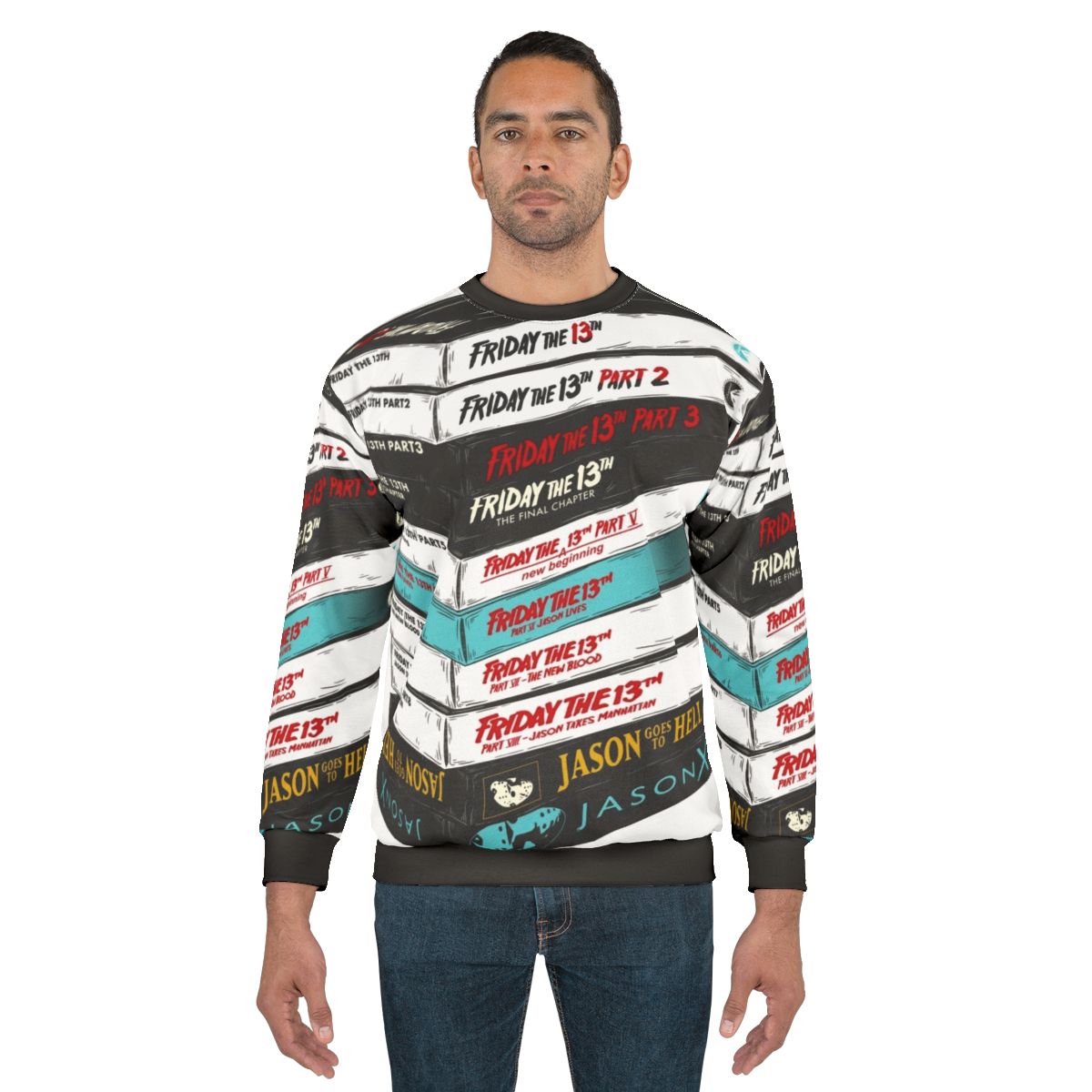 Vintage Friday the 13th horror sweatshirt with Jason Voorhees and VHS stack design