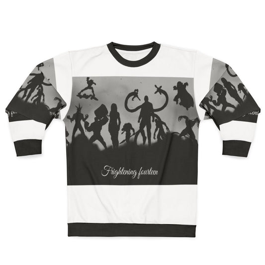 Frightening Fourteen Spider Villains Sweatshirt with sinister spider superheroes