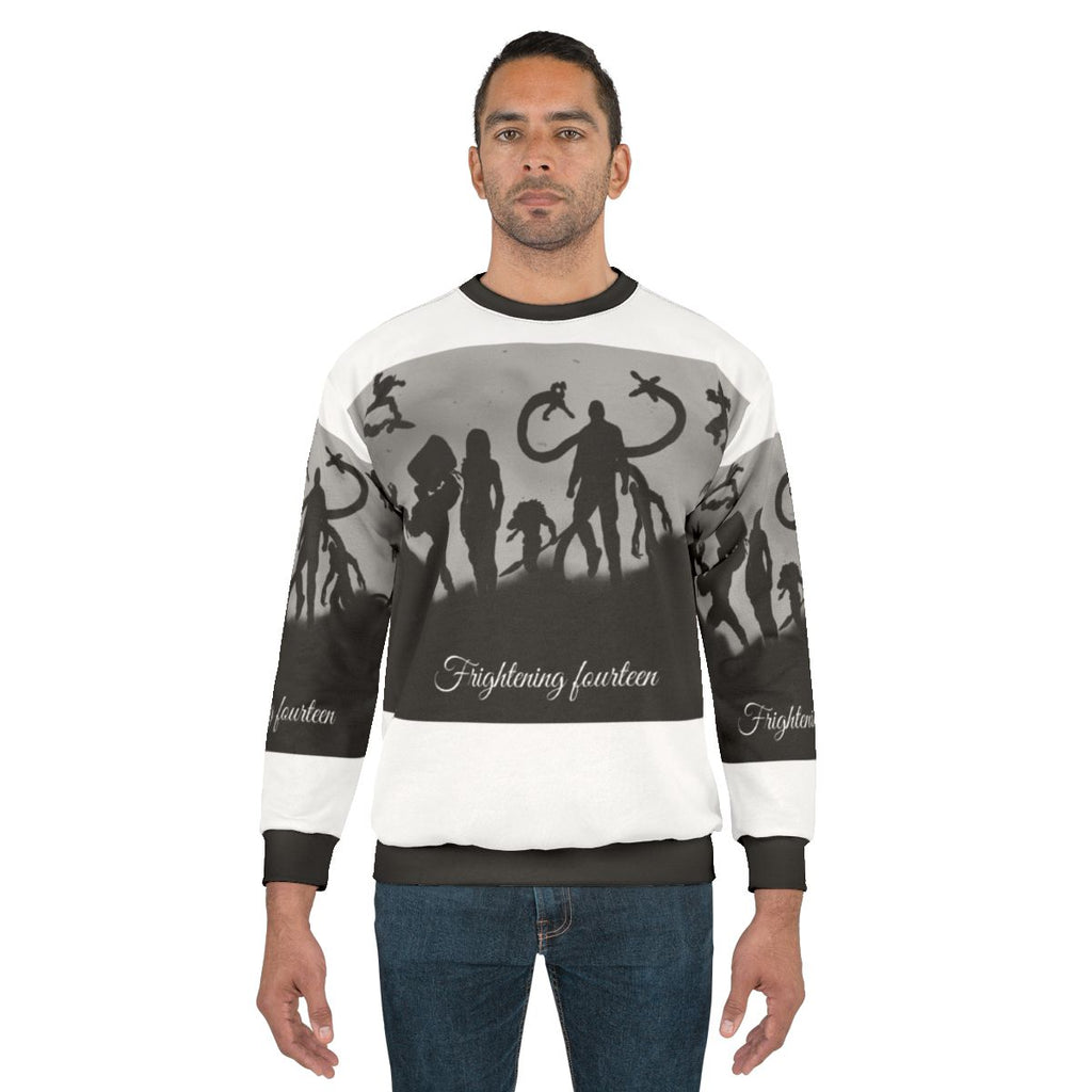 Frightening Fourteen Spider Villains Sweatshirt with sinister spider superheroes