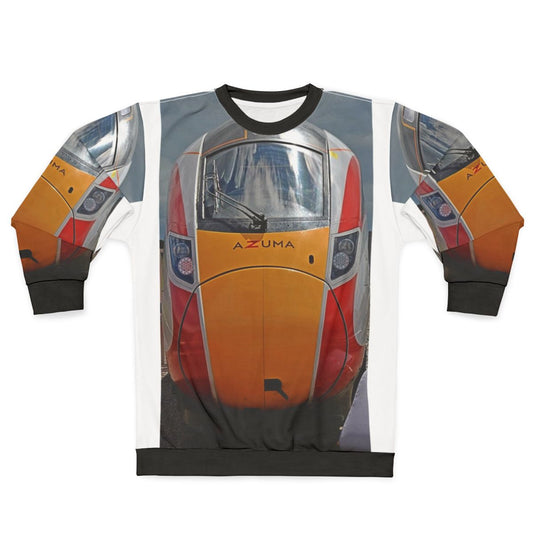 Front view of an LNER Azuma high speed train on a sweatshirt