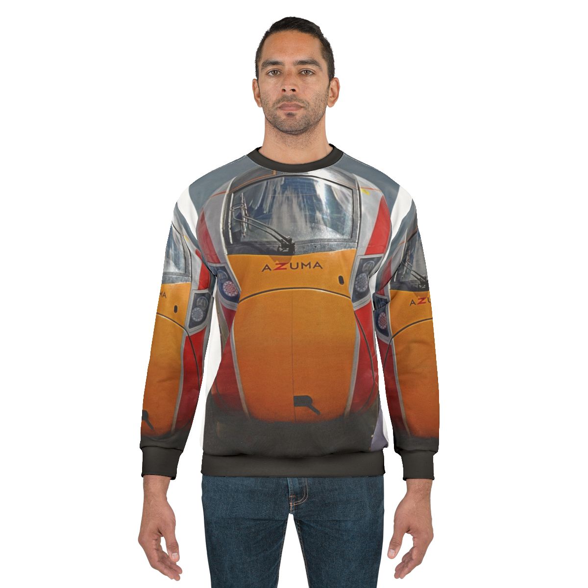 Front view of an LNER Azuma high speed train on a sweatshirt
