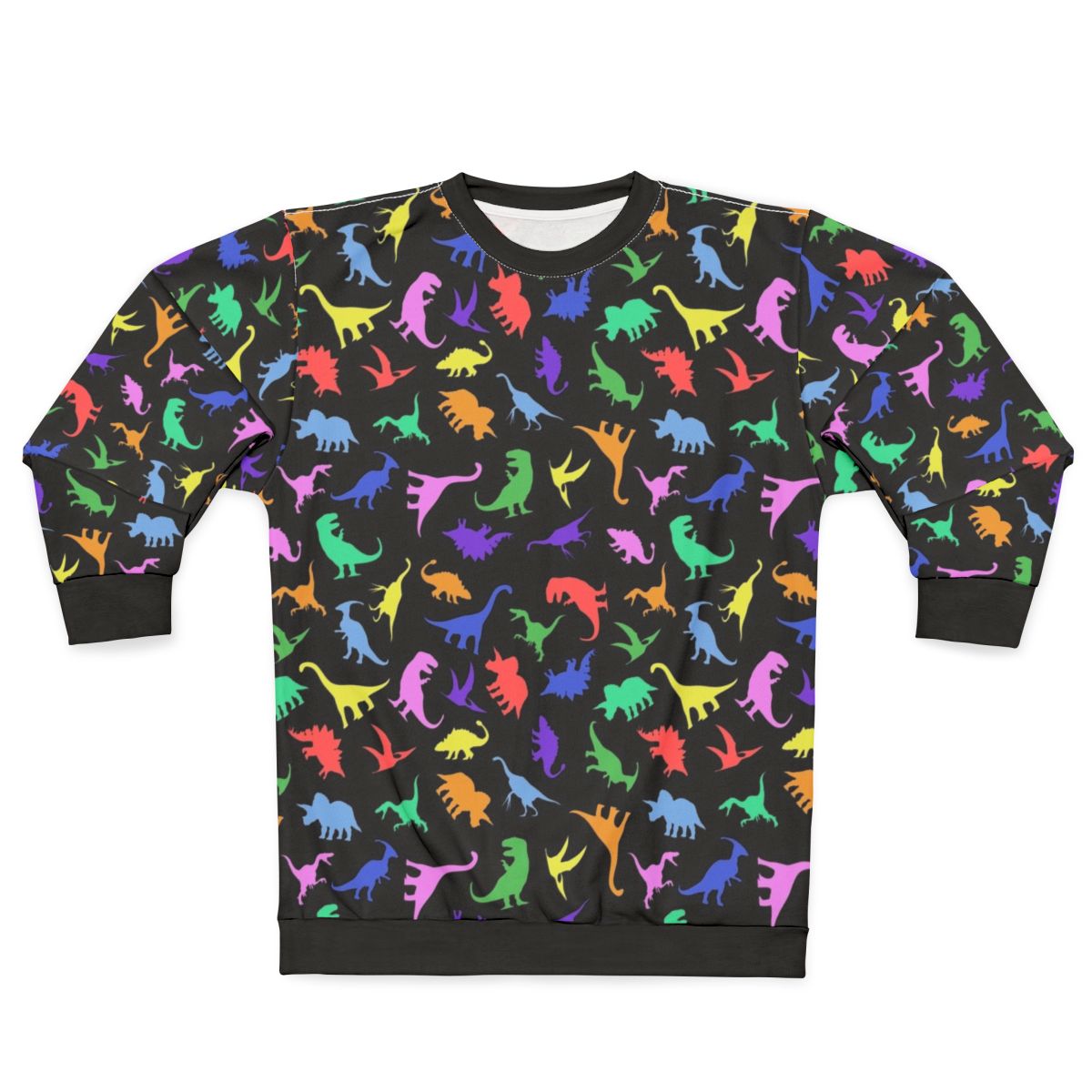 Black sweatshirt with a fun dinosaur pattern design