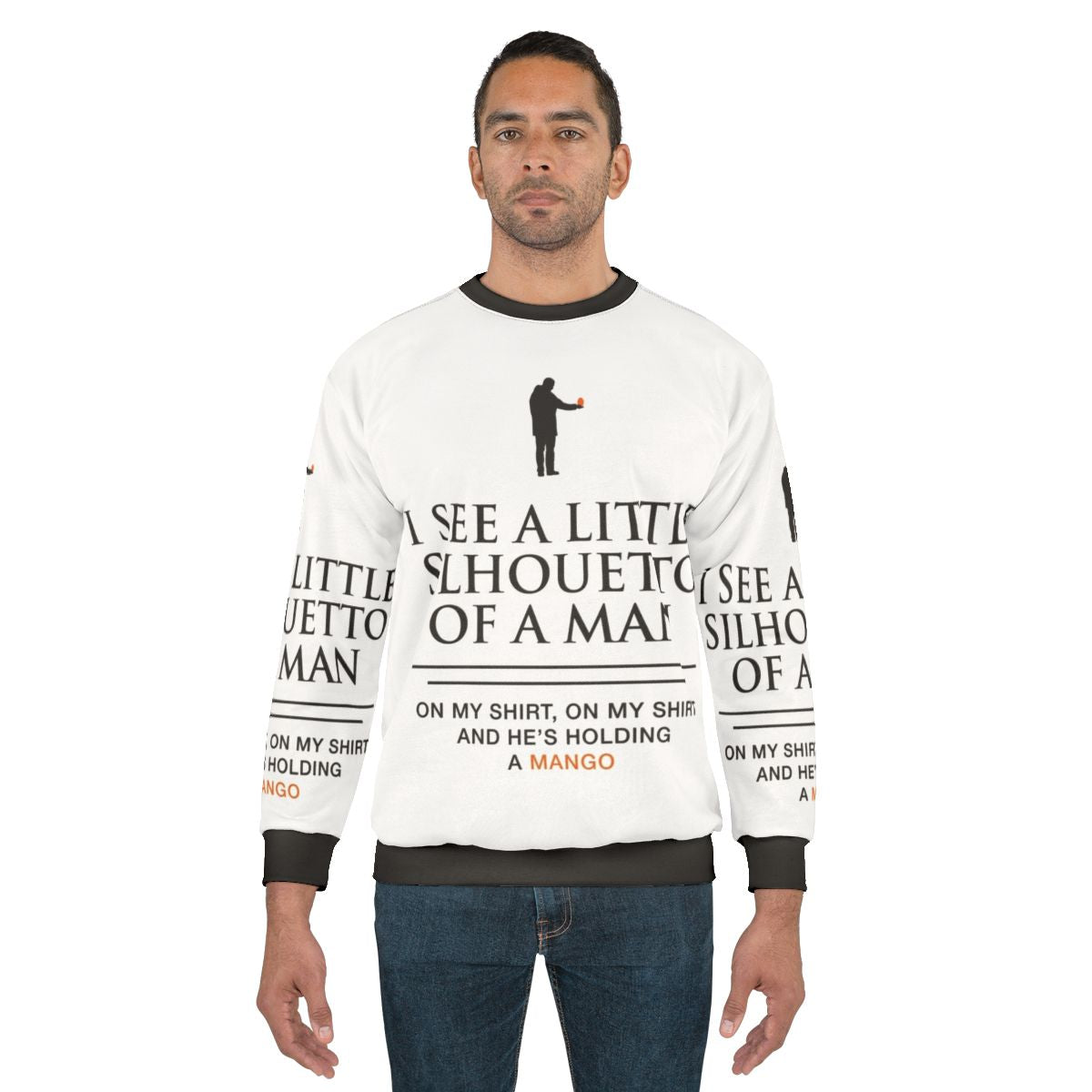 Mango-themed sweatshirt with funny music lyrics