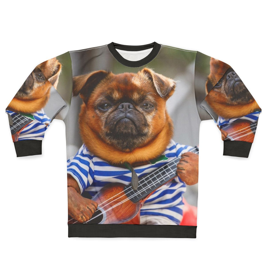 Funny pug dog playing guitar on cozy sweatshirt