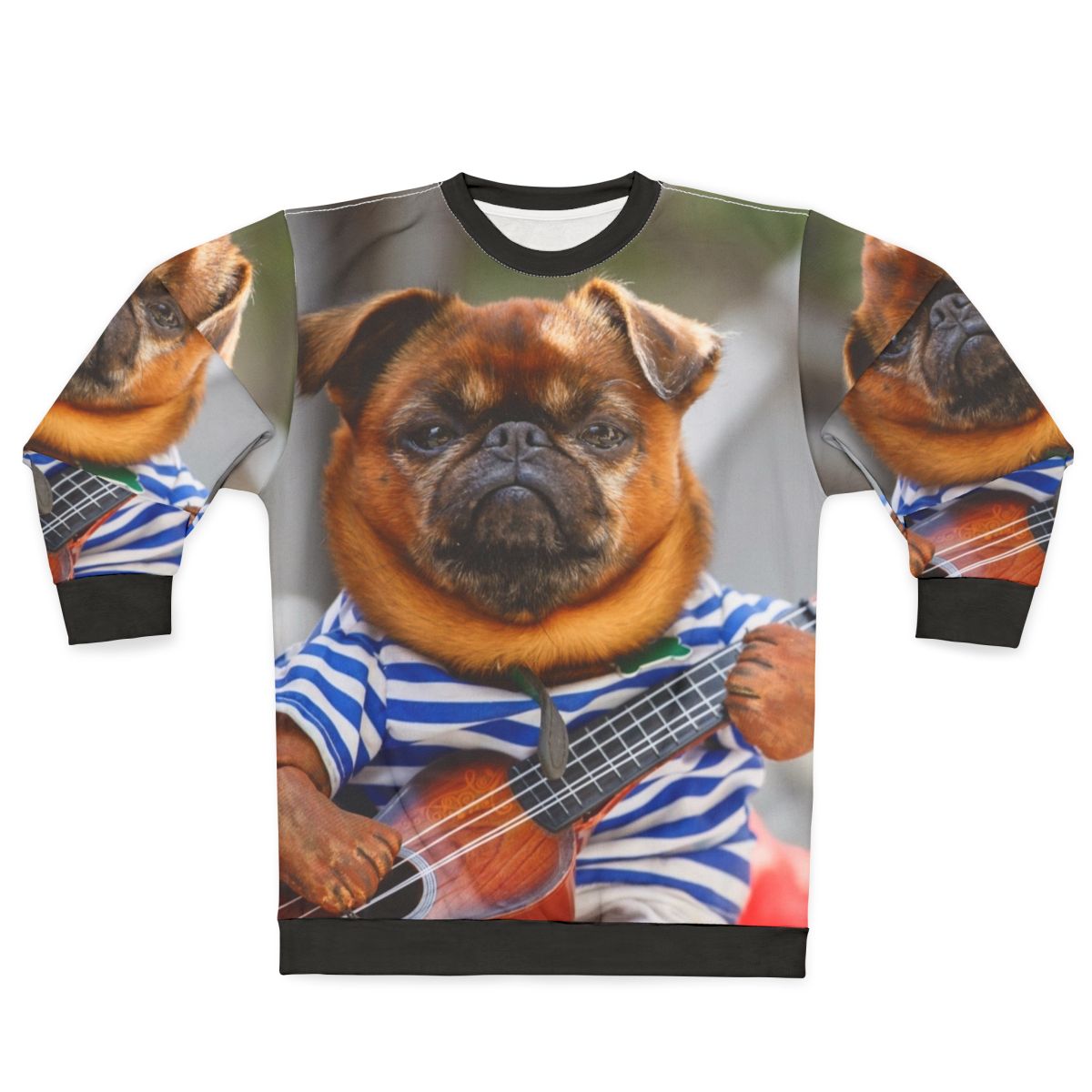 Funny pug dog playing guitar on cozy sweatshirt