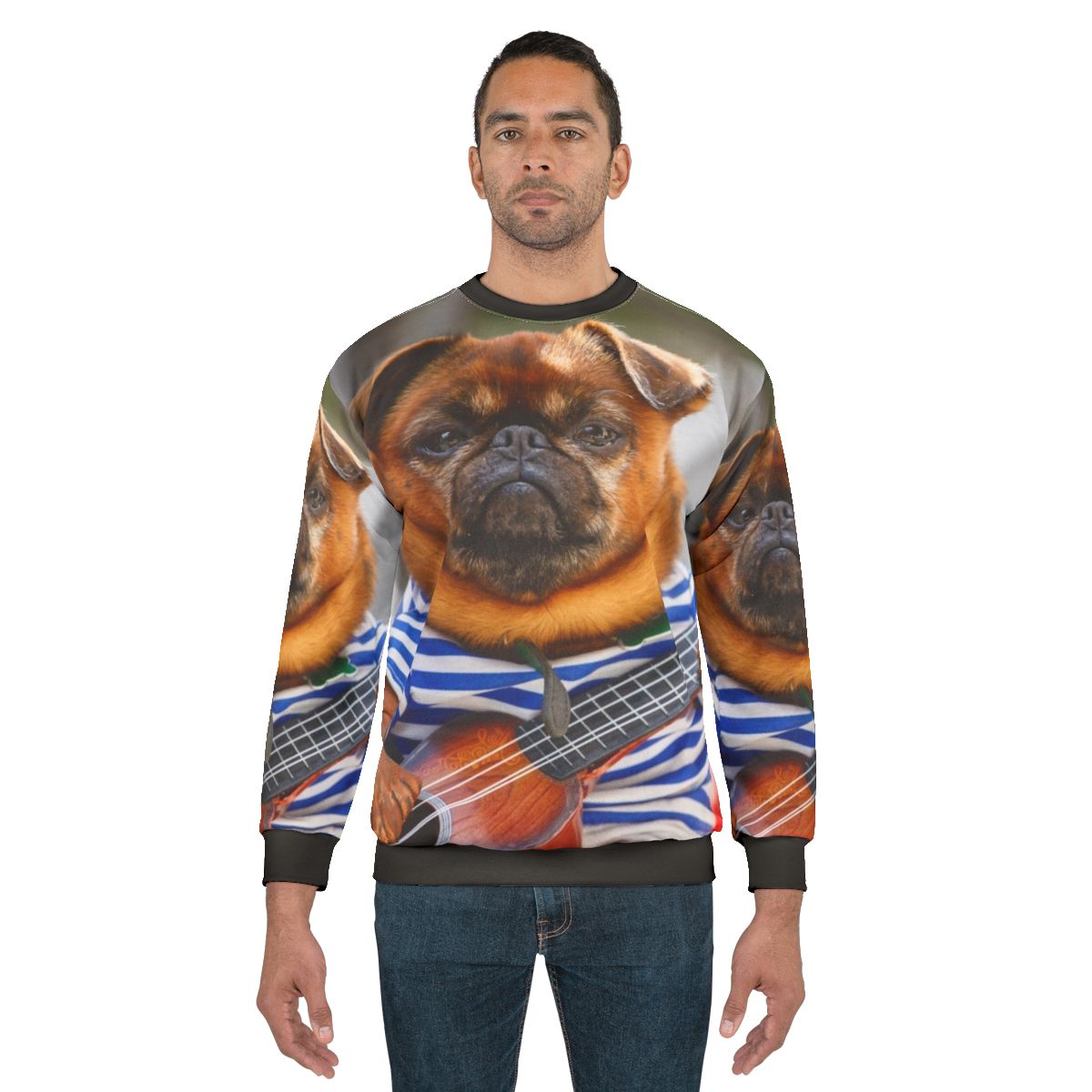 Funny pug dog playing guitar on cozy sweatshirt