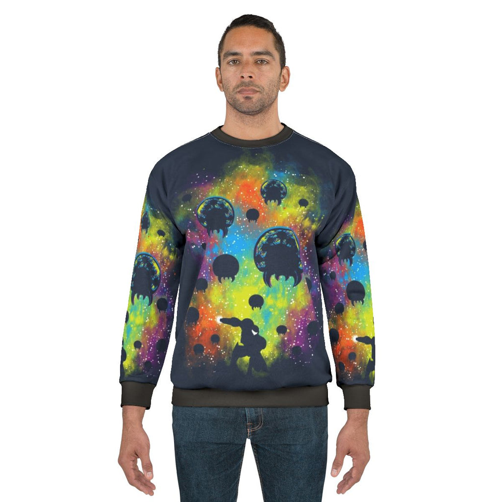 Galactic Warrior Sweatshirt featuring a vibrant sci-fi and gaming inspired design