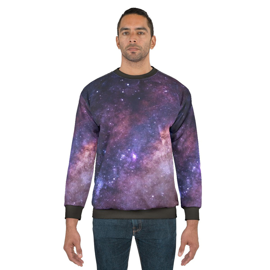 Galaxy print sweatshirt with stars and nebulae