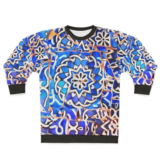 Gaudi Barcelona mosaic sweatshirt featuring a colorful, abstract geometric pattern