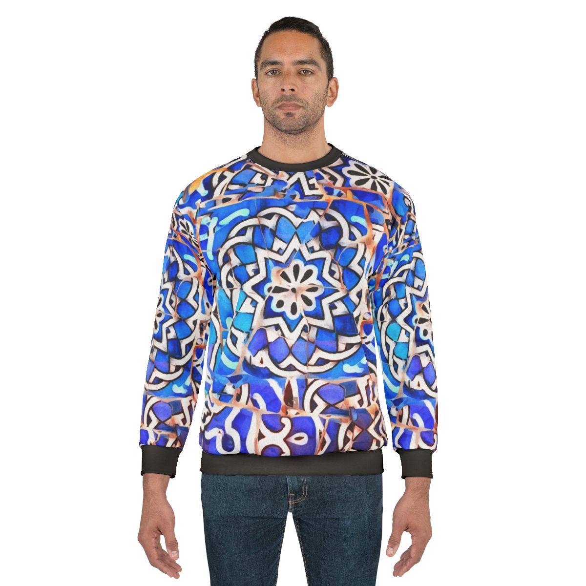Gaudi Barcelona mosaic sweatshirt featuring a colorful, abstract geometric pattern