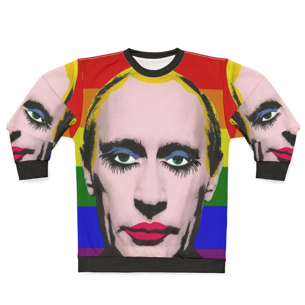 Gay Putin Pride Flag Sweatshirt featuring drag queen imagery as protest art