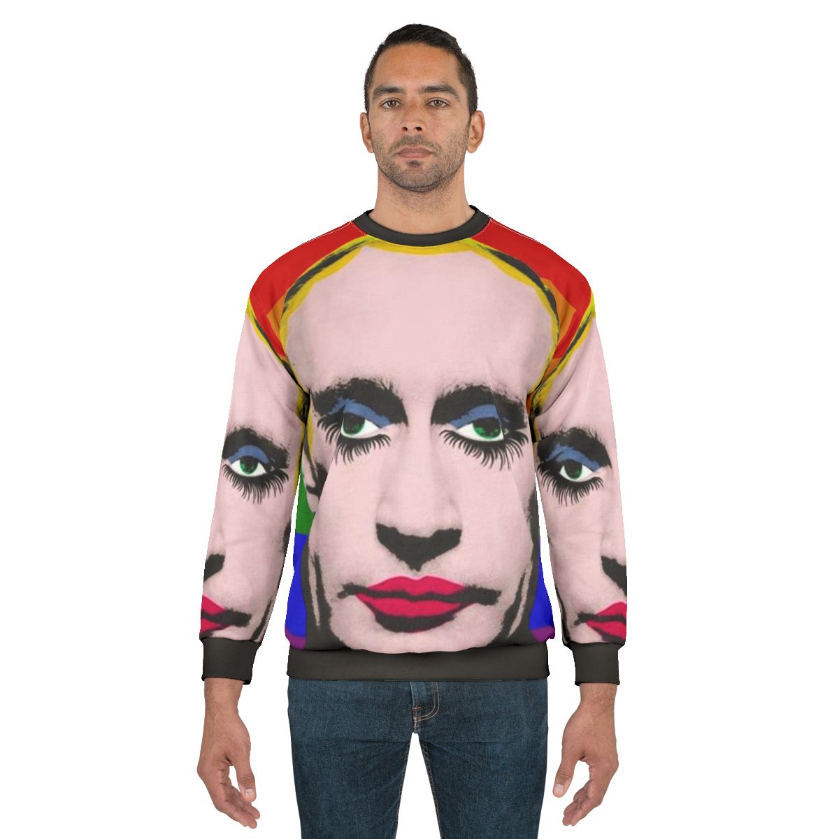 Gay Putin Pride Flag Sweatshirt featuring drag queen imagery as protest art