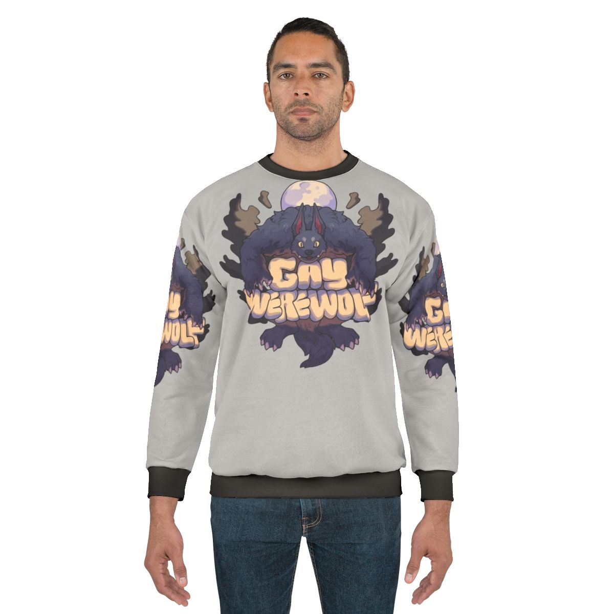 Proud LGBTQ+ werewolf wearing a colorful sweatshirt