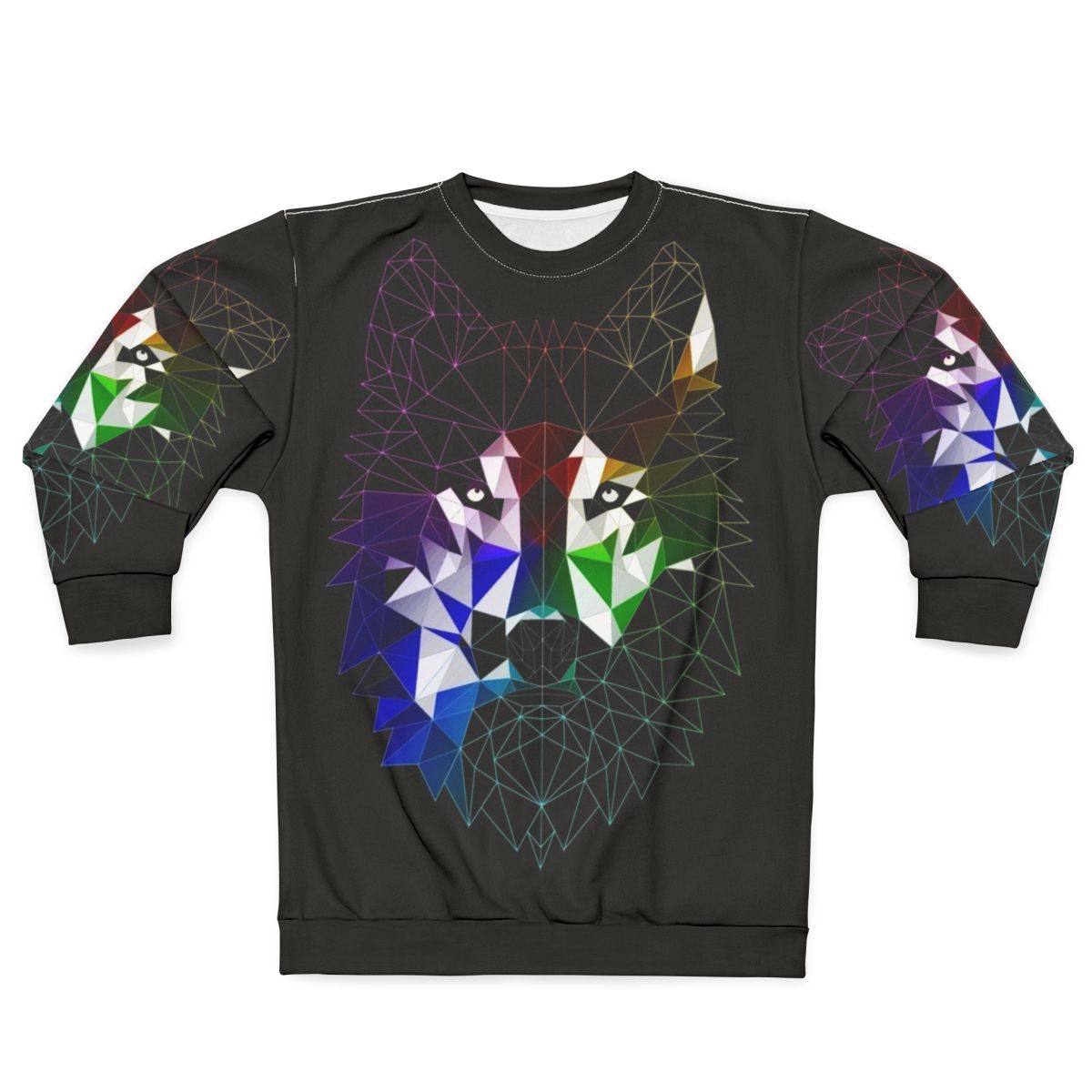 Geometric abstract wolf design on a grey sweatshirt