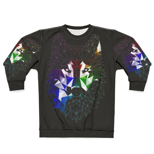 Geometric abstract wolf design on a grey sweatshirt