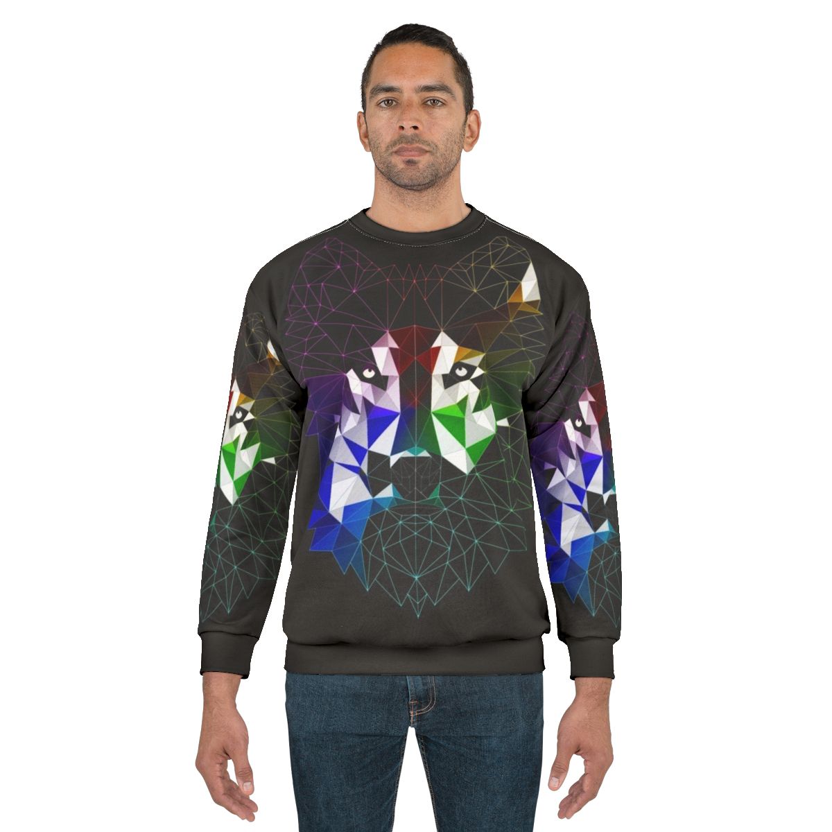 Geometric abstract wolf design on a grey sweatshirt