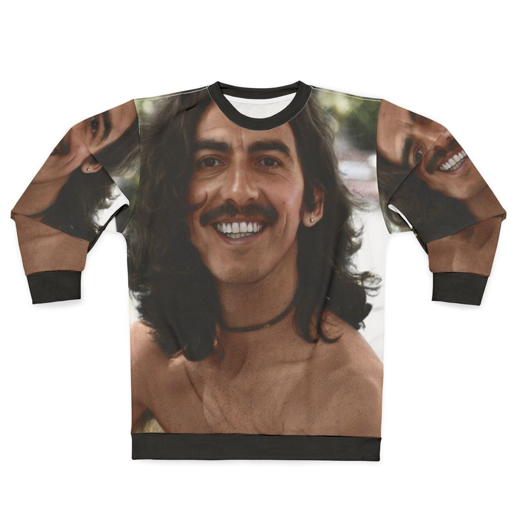 Colorful sweatshirt featuring a colourised image of George Harrison, the legendary Beatles musician
