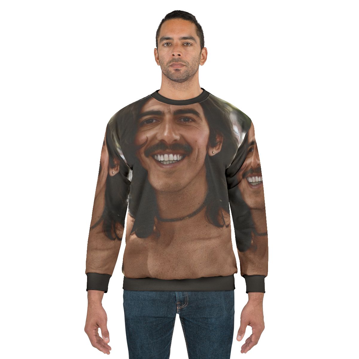 Colorful sweatshirt featuring a colourised image of George Harrison, the legendary Beatles musician