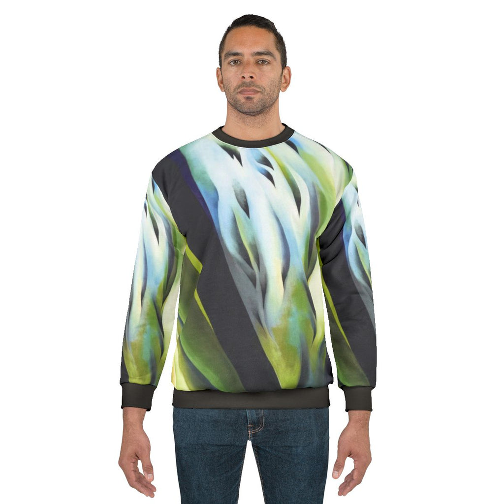 Georgia O'Keeffe-inspired blue and green music sweatshirt
