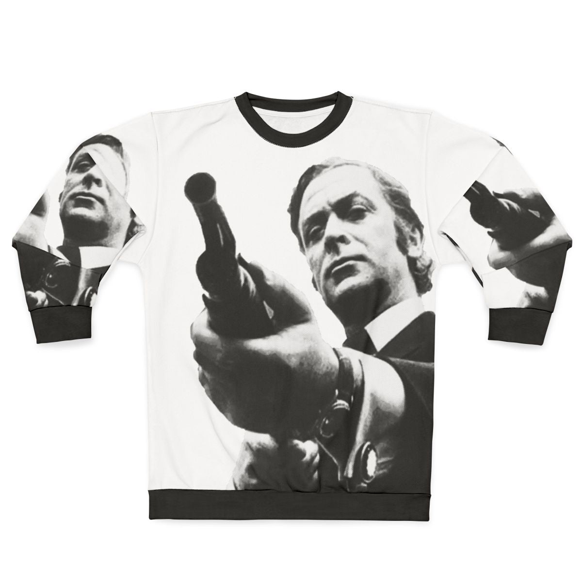 Michael Caine wearing a 'Get Carter' sweatshirt