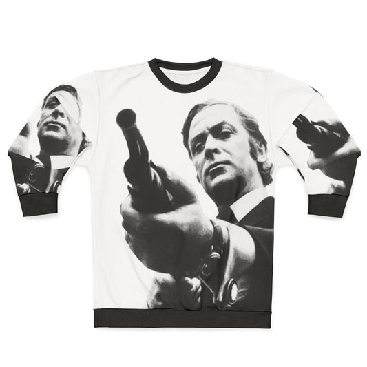 Michael Caine wearing a 'Get Carter' sweatshirt