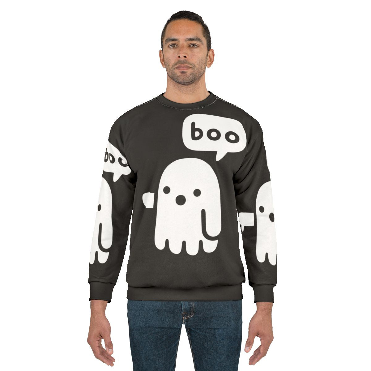 Spooky ghost graphic on a black sweatshirt