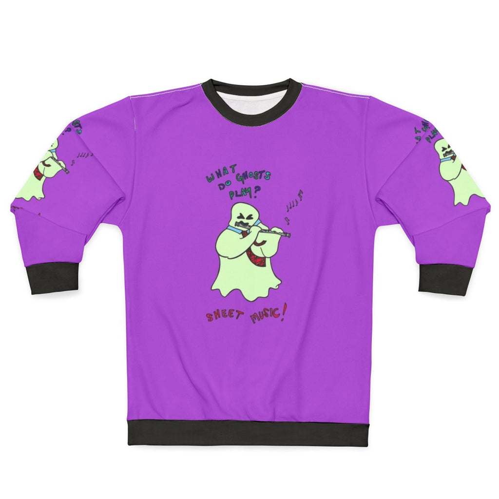 Ghosts playing sheet music on a sweatshirt