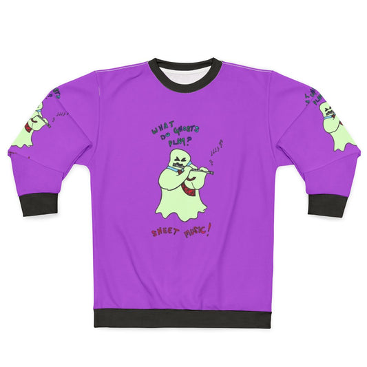 Ghosts playing sheet music on a sweatshirt