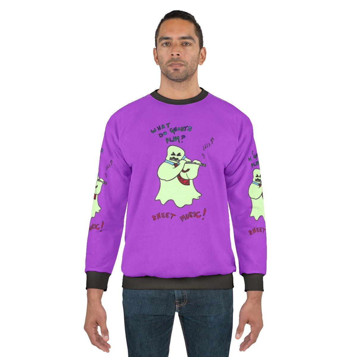 Ghosts playing sheet music on a sweatshirt