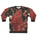 Girl in Red themed sweatshirt with roses