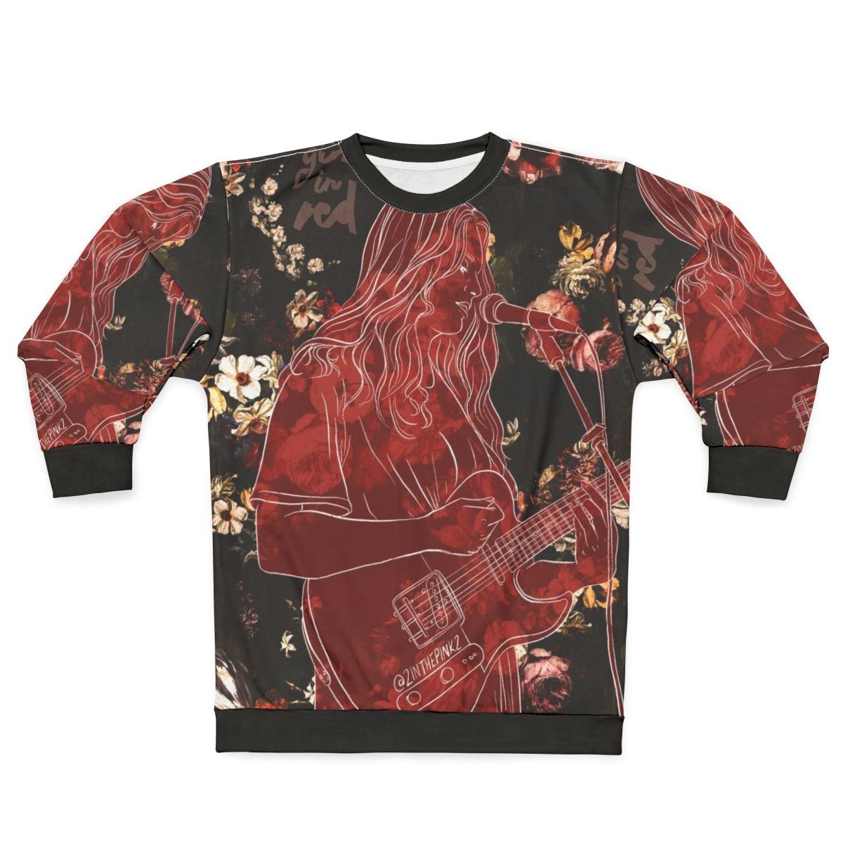 Girl in Red themed sweatshirt with roses