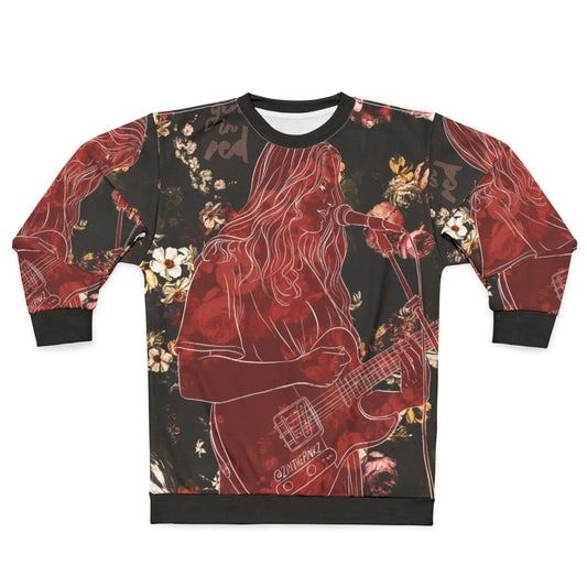 Girl in Red themed sweatshirt with roses