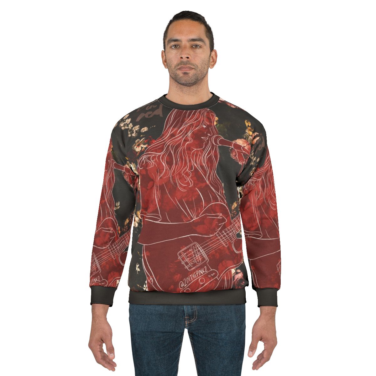 Girl in Red themed sweatshirt with roses