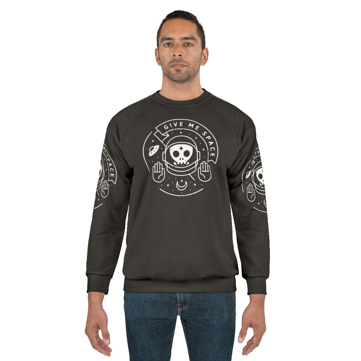 Astronomical Space Sweatshirt with Moon, UFO, and Minimalist Graphic