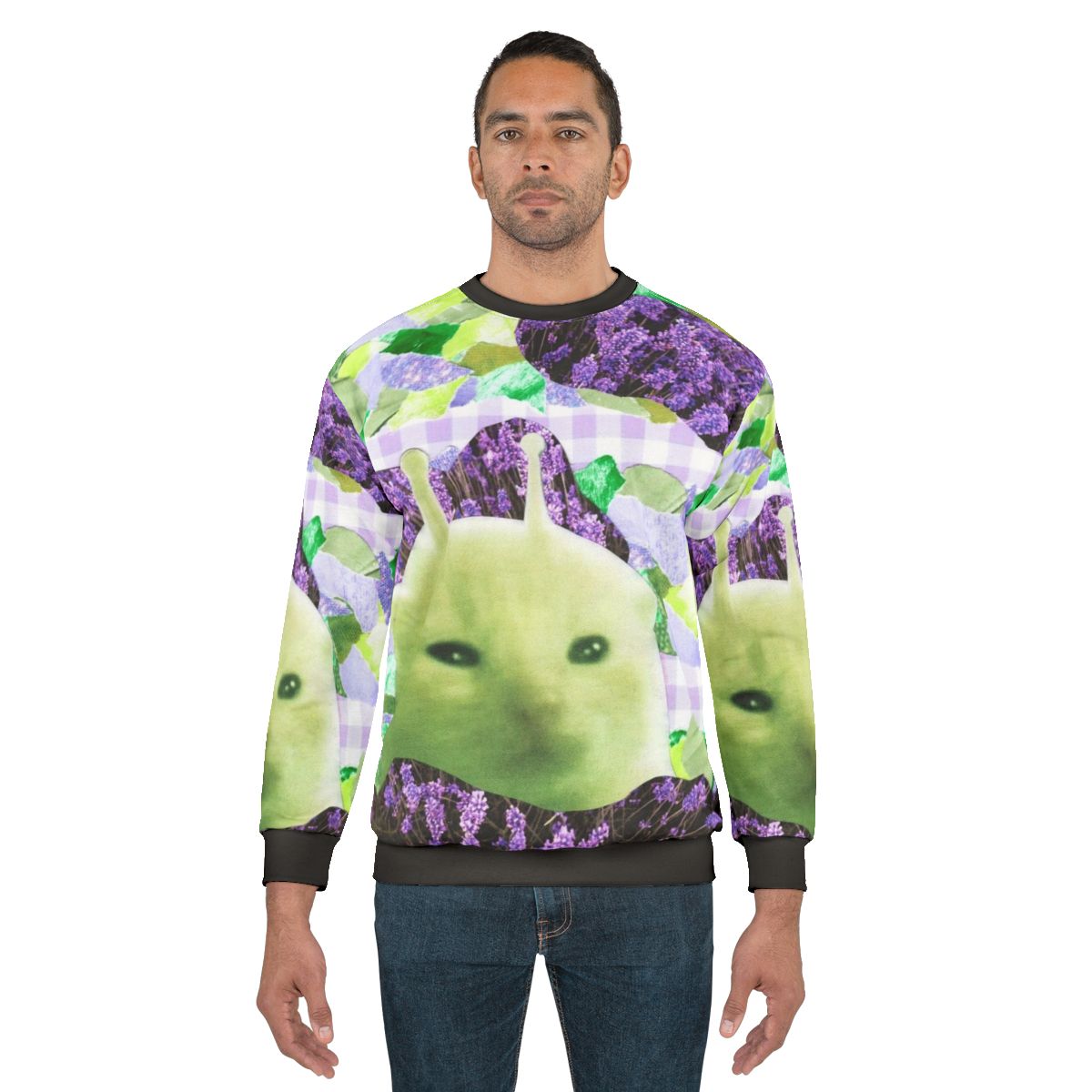 Handmade green alien collage art sweatshirt