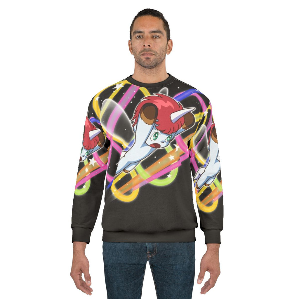 Cute and cozy unicorn sweatshirt with pink and white colors and sparkling stars