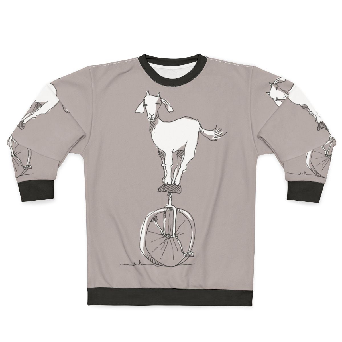 Goat on a unicycle printed on a cozy sweatshirt