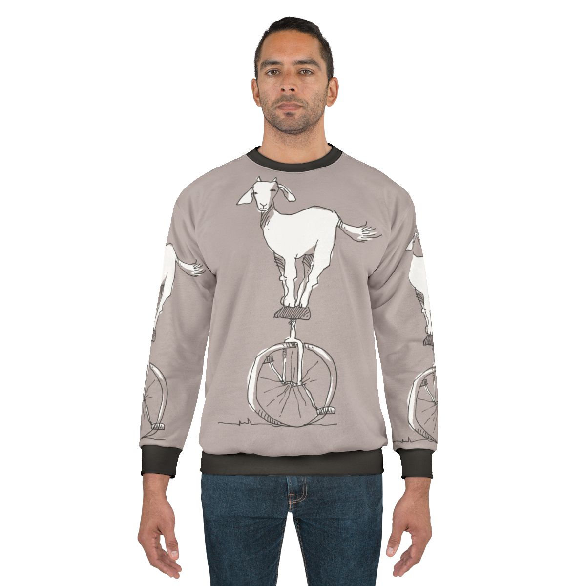 Goat on a unicycle printed on a cozy sweatshirt