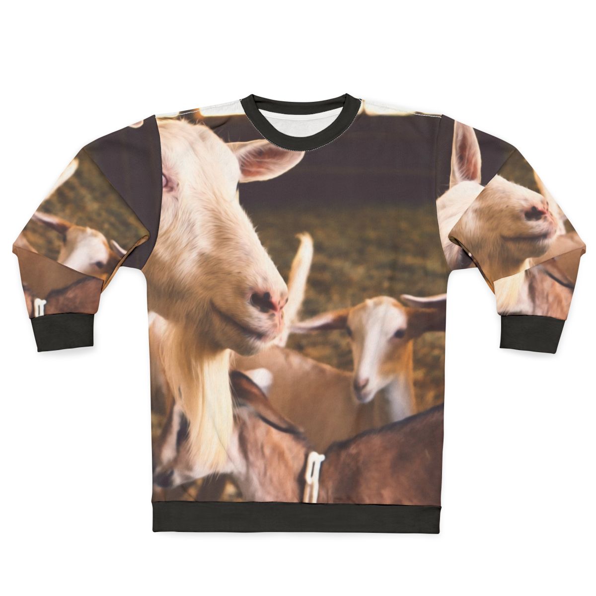 Goats and farm animals printed on a black sweatshirt